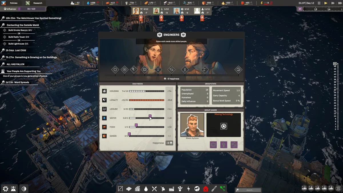 An Engineers faction status panel showing a critically low Loyalty stat, Daily Needs bars for housing, water, food and leisure, and the faction's group leader portrait over a nighttime settlement view