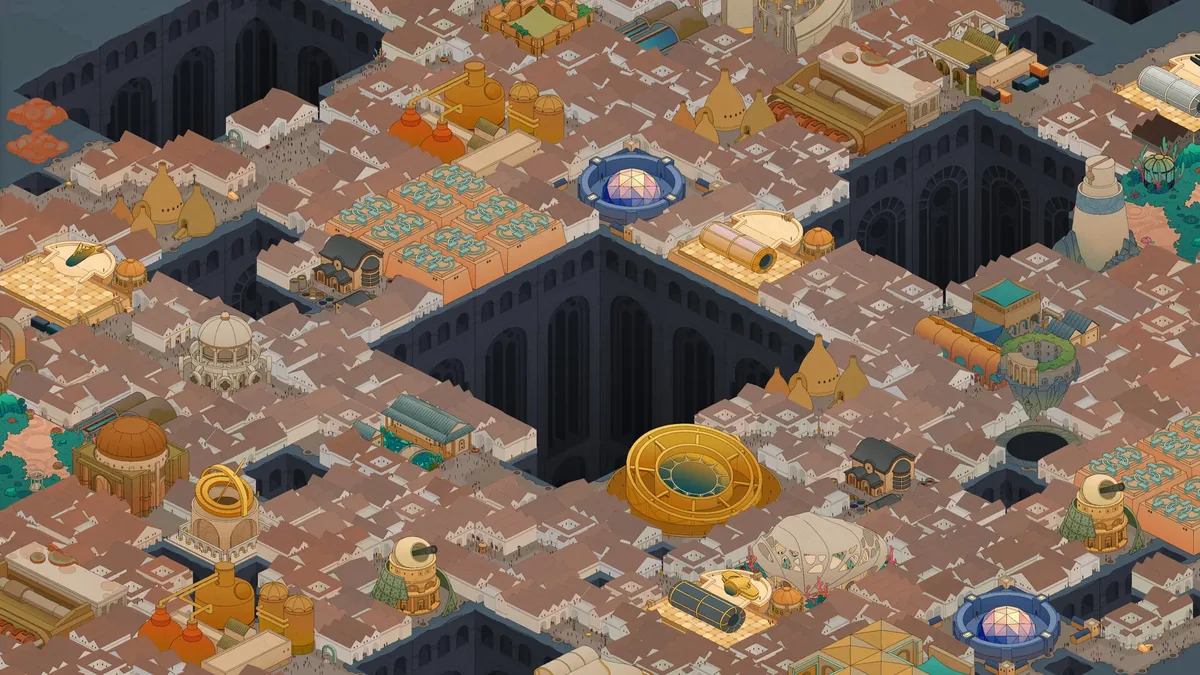 Amberspire hand-drawn isometric city view on alien moon with silica grass and fog banks surrounding early settlement buildings