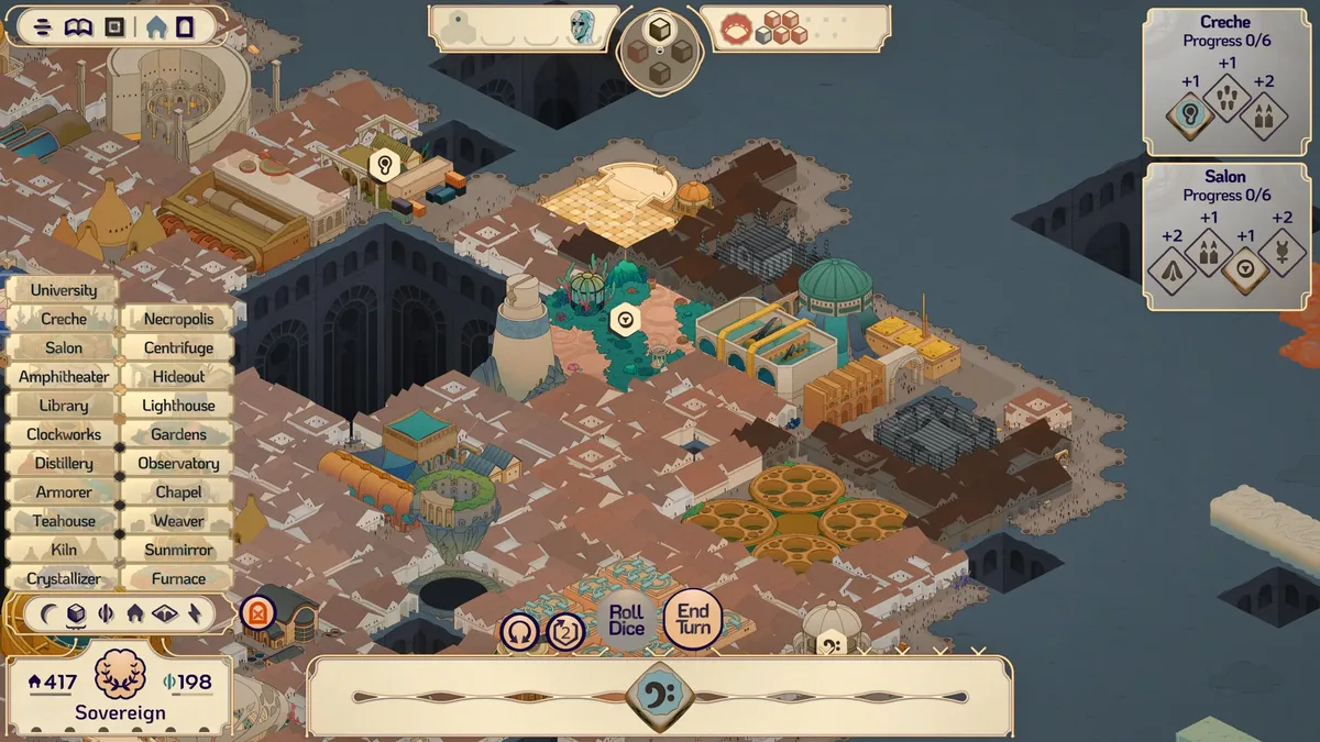 Amberspire dice city builder interface showing resource dice rolls and faction competition panel on alien moon map