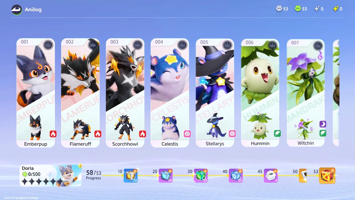 The official Aniilog creature index screen showing numbered entries 001 through 007 with named Aniimo silhouettes and type icons