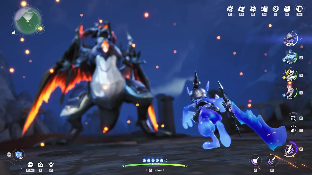 A player character Twined with a knight-helmeted rabbit creature, shown as a translucent blue silhouette wielding a large energy sword against a dragon-like boss, with the on-screen "twine" prompt visible