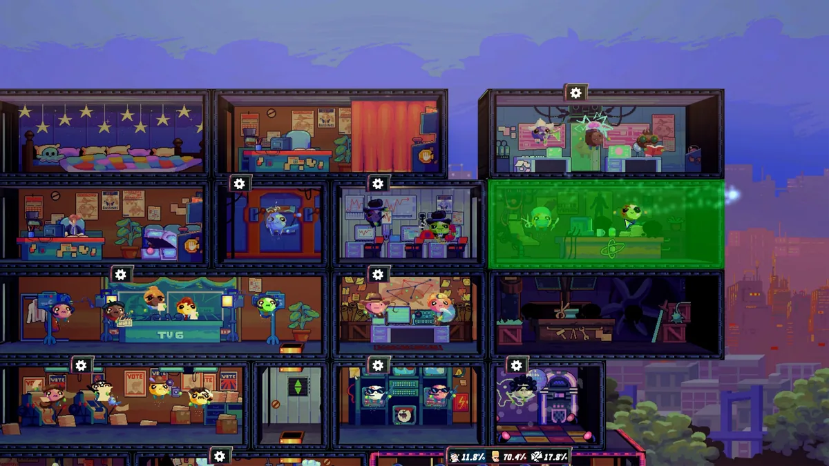 Cross-section of the campaign bus interior, showing Fluffies assigned to bedroom, TV studio, blacksmith, and vote-canvassing rooms, with campaign poll percentages displayed at the bottom