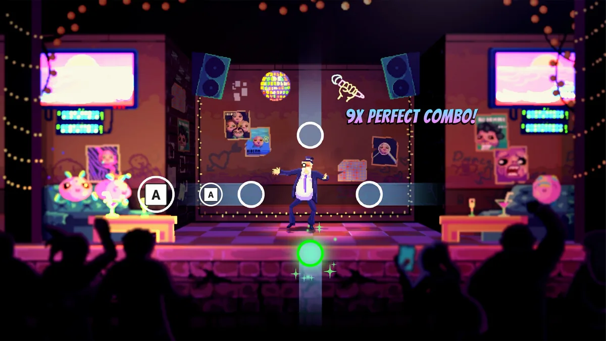 Campaign dance minigame showing a nine-times perfect combo streak with rhythm timing circles, the candidate performing on a karaoke bar stage
