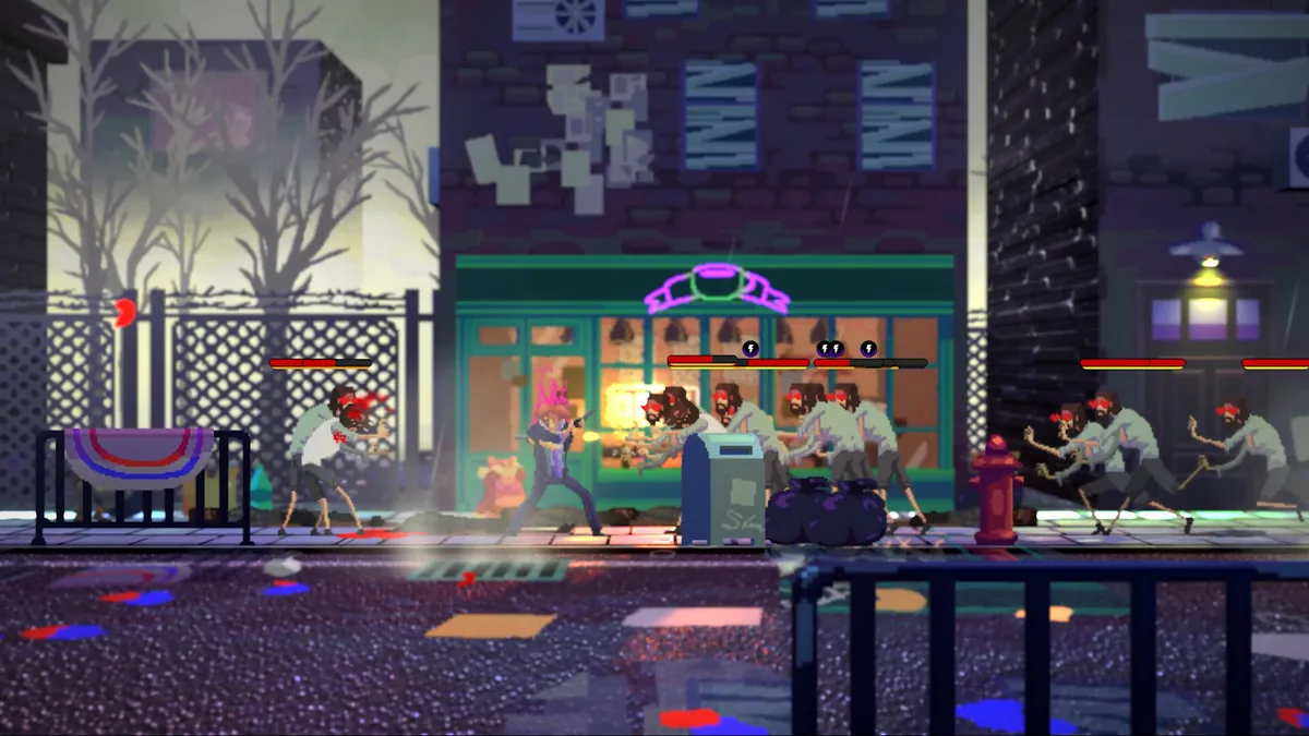 Player character fighting five near-identical red-eyed enemies with clubs outside a shop under a pink ribbon neon sign at night