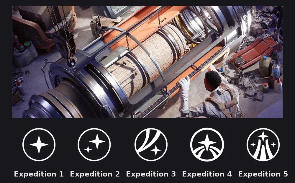 The ARC Raiders Expedition Project card, a raider working on a caravan hull in the workshop, above the five Expedition indicator icons