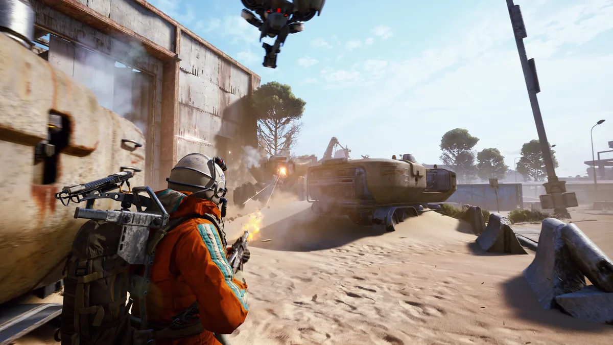 ARC Raiders player character in futuristic armor running through extraction zone environment