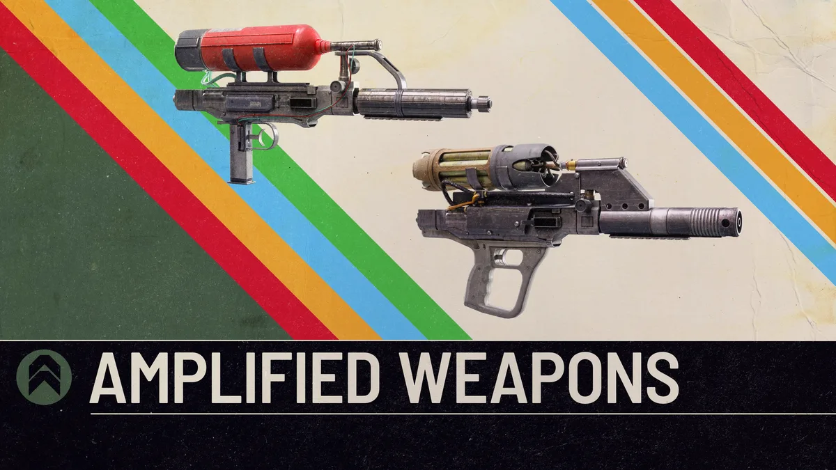 Official ARC Raiders Amplified Weapons art with two modified weapons on a striped retro background