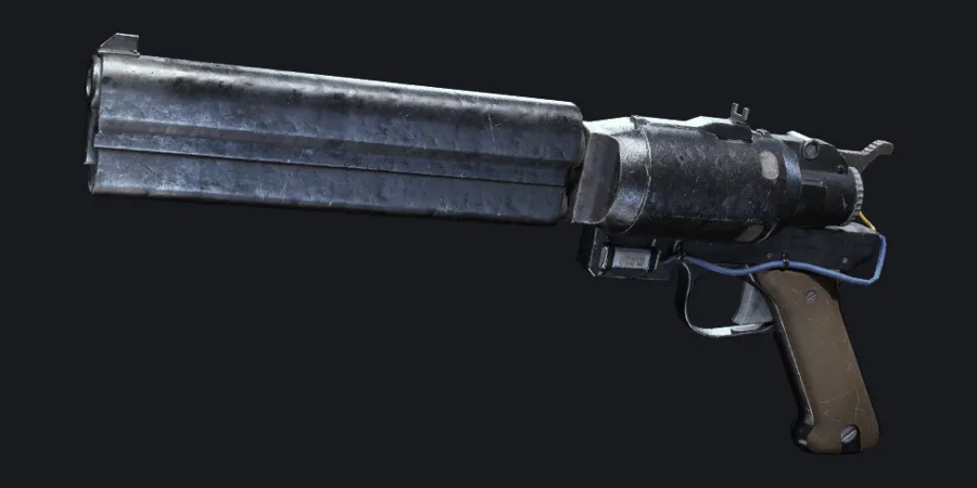 Render of the Anvil hand cannon from ARC Raiders, a long dark barrel pistol with a brown grip