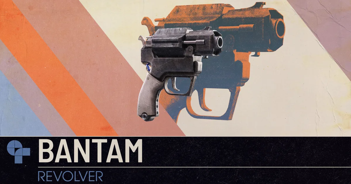 Official Bantam art: a snub-nosed revolver in front of an orange and blue halftone print of itself, labeled Bantam Revolver