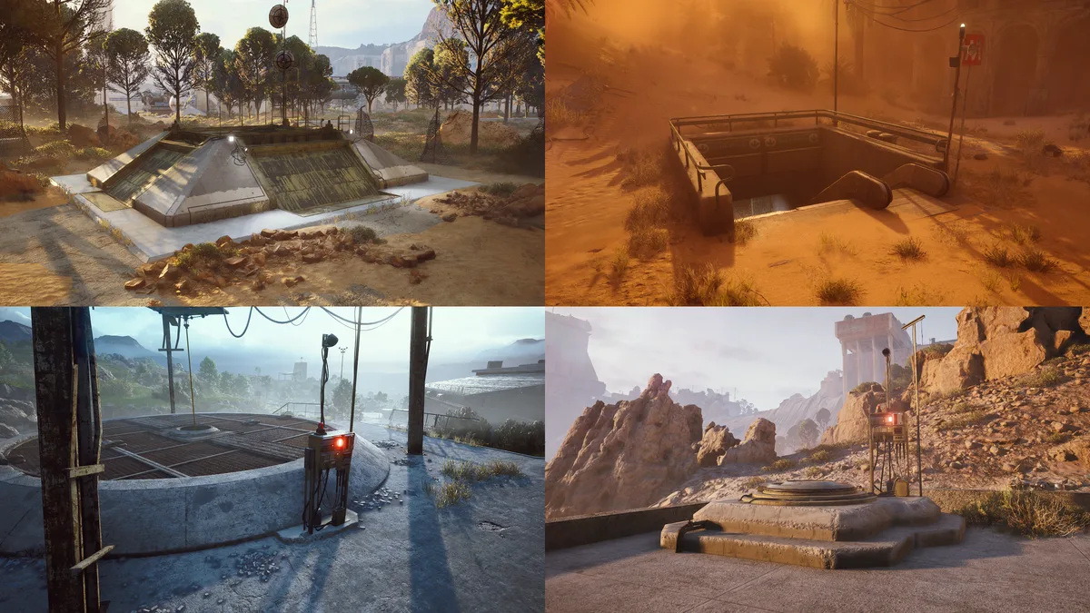Four ARC Raiders extraction points: a cargo elevator bunker, a metro station entrance, a round Raider Hatch and an airshaft