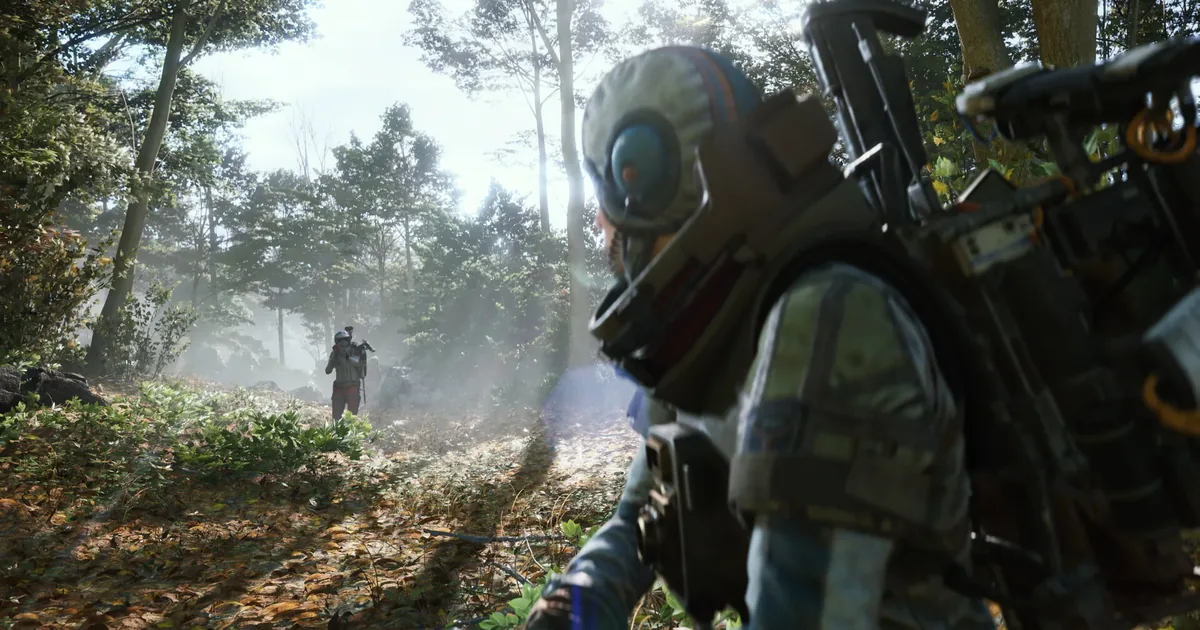 ARC Raiders raider sprinting through a dense forest toward a distant armed figure on a sun-lit trail