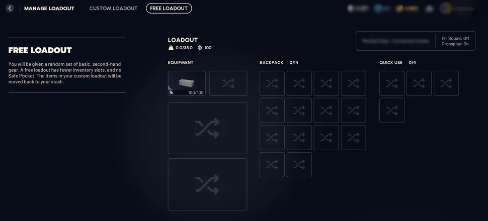 The ARC Raiders Free Loadout screen with 14 empty backpack slots, 4 quick use slots and a light shield