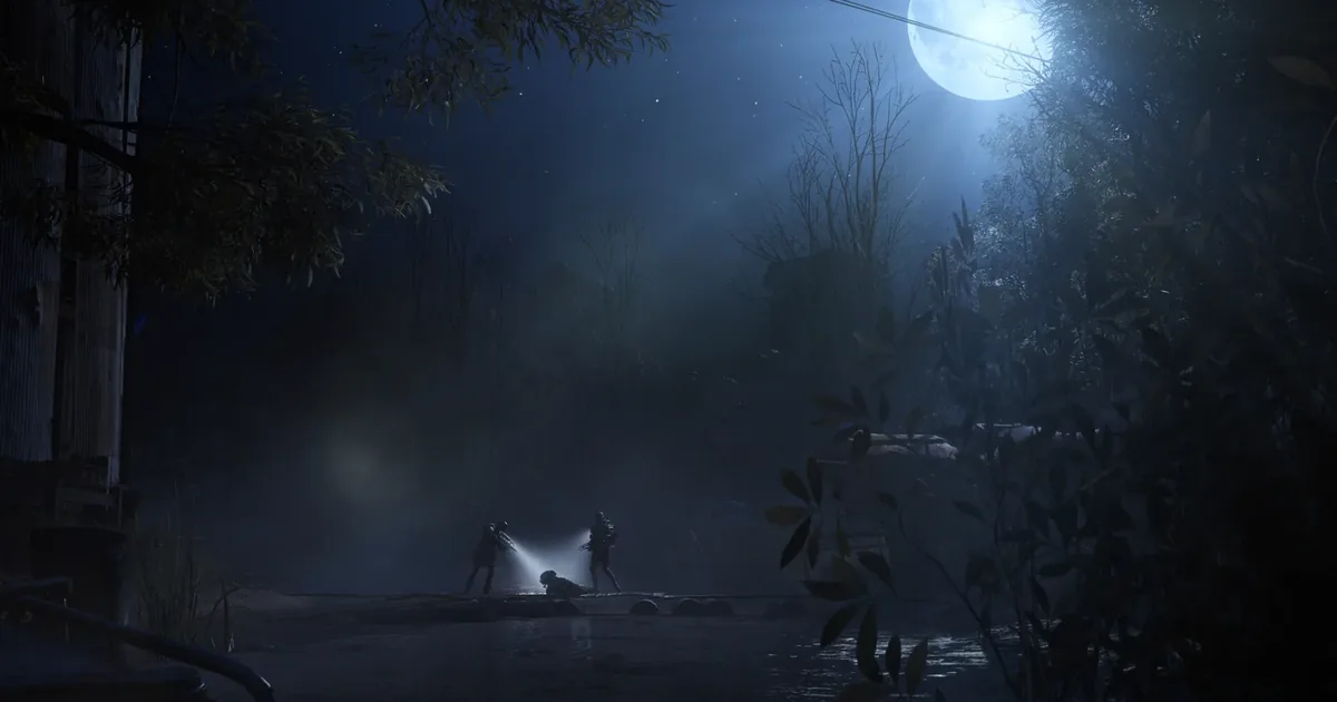 ARC Raiders night scene — two raiders with flashlights crossing a moonlit raft across still water under a large moon