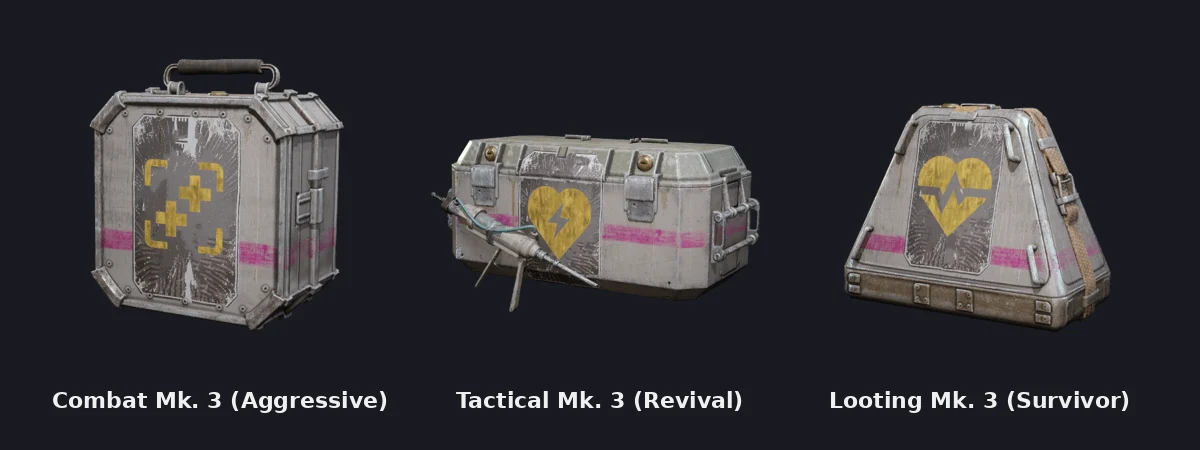 Wiki renders of the three squad augments: Combat Mk. 3 (Aggressive), Tactical Mk. 3 (Revival) and Looting Mk. 3 (Survivor)