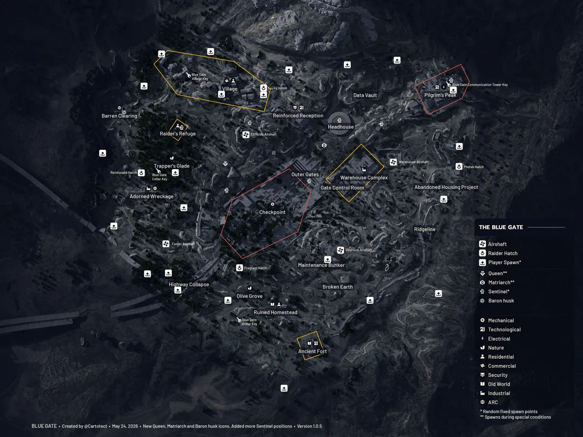 The Blue Gate overview map from the ARC Raiders Wiki, showing the Village, Reinforced Reception, Headhouse, Checkpoint, airshafts and Raider Hatches
