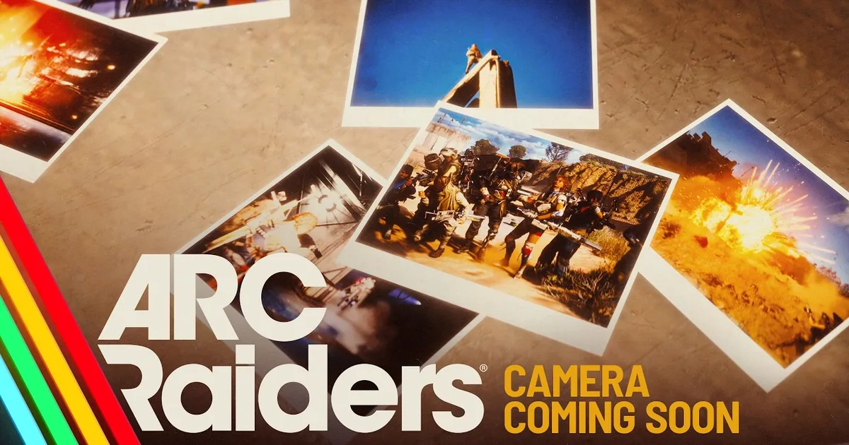 Instant photos scattered on a table in ARC Raiders promo art, one showing a squad of Raiders, with the text Camera Coming Soon