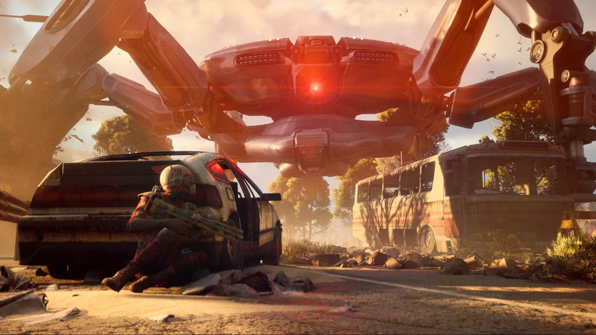 A Raider takes cover behind a wrecked car as a massive quadrupedal ARC unit looms overhead near an abandoned bus in ARC Raiders