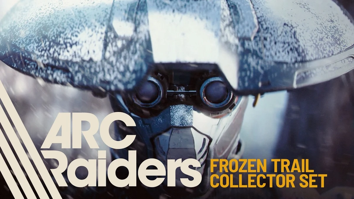 ARC Raiders Frozen Trail Collector Set thumbnail, a frosted helmet with round goggles behind the game logo