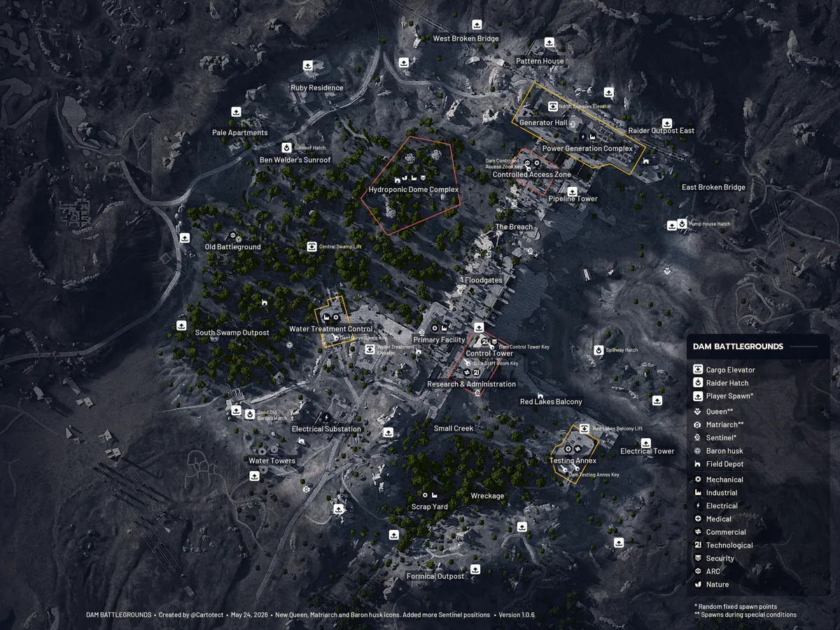 Dam Battlegrounds overview map from the ARC Raiders Wiki, with labeled locations, cargo elevators, Raider Hatches and keyed rooms