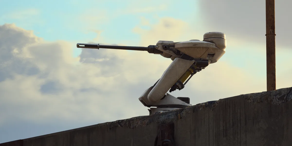 The ARC Sentinel turret from the ARC Raiders Wiki, a long-barreled gun on a swiveling arm with a yellow canister, mounted on a concrete ledge