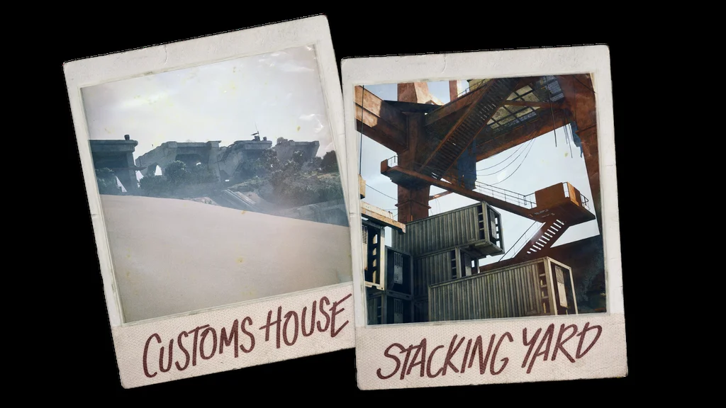 Official ARC Raiders scout report polaroids showing the Customs House and Stacking Yard zone locations