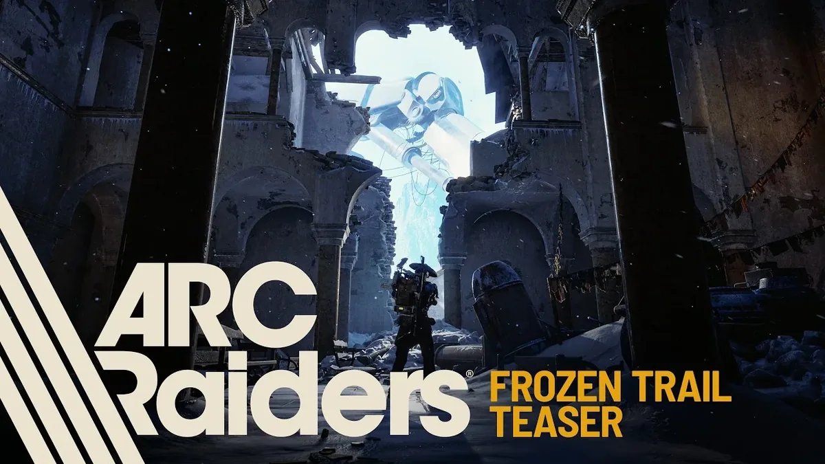 A lone Raider stands in a snow-covered ruined church, looking up through a broken arch at a giant frozen ARC machine