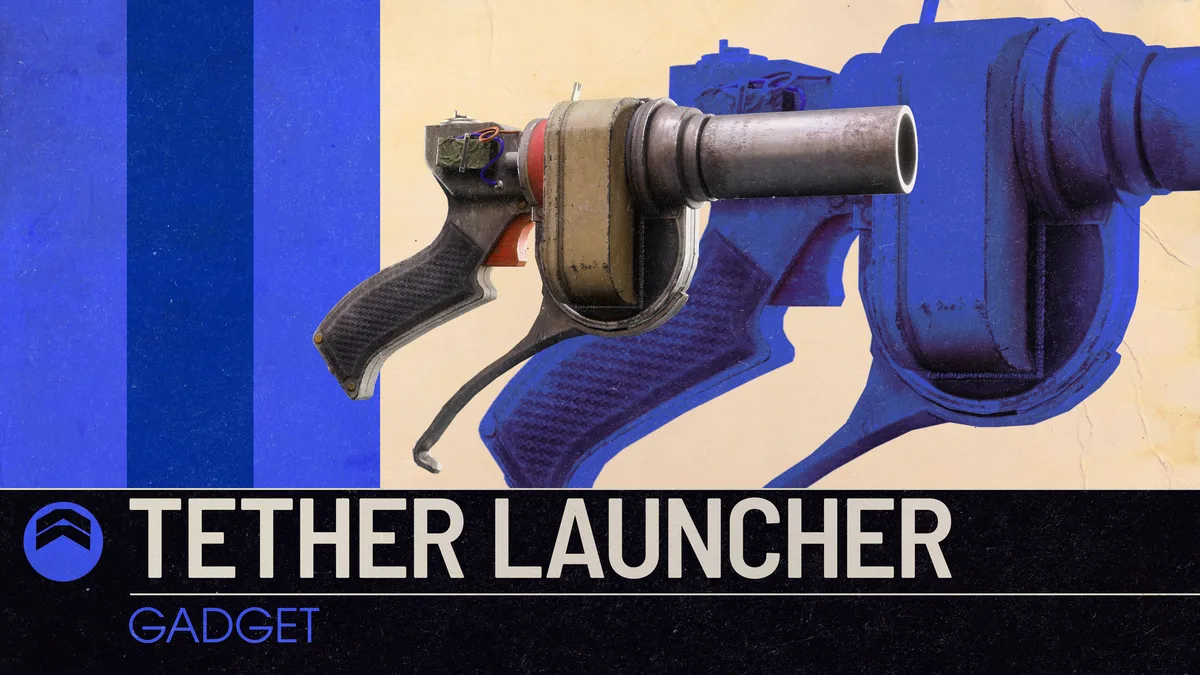 Official ARC Raiders Tether Launcher gadget art showing a pistol-style launcher with a wide barrel on a cream and blue background