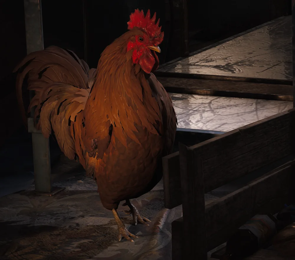Scrappy the rooster from ARC Raiders, a red-brown rooster standing in a dim wooden coop