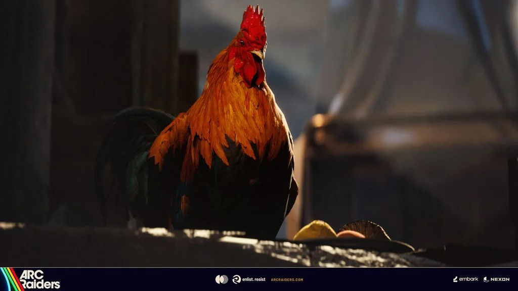 Scrappy the rooster mascot of ARC Raiders, perched in warm golden light inside Speranza, with eggs and scattered items on the ledge beside him