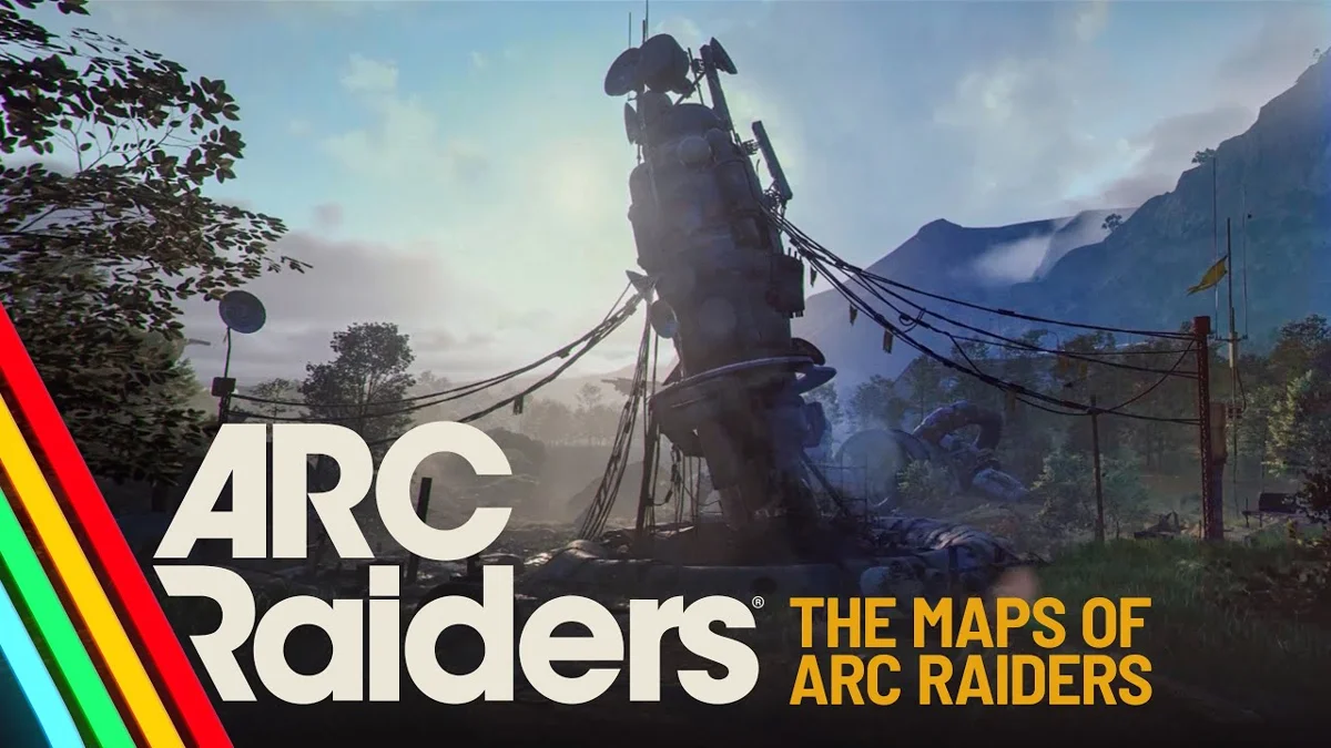A tall leaning ARC tower wrapped in cables in a green valley under mountain peaks, from Embark's maps video