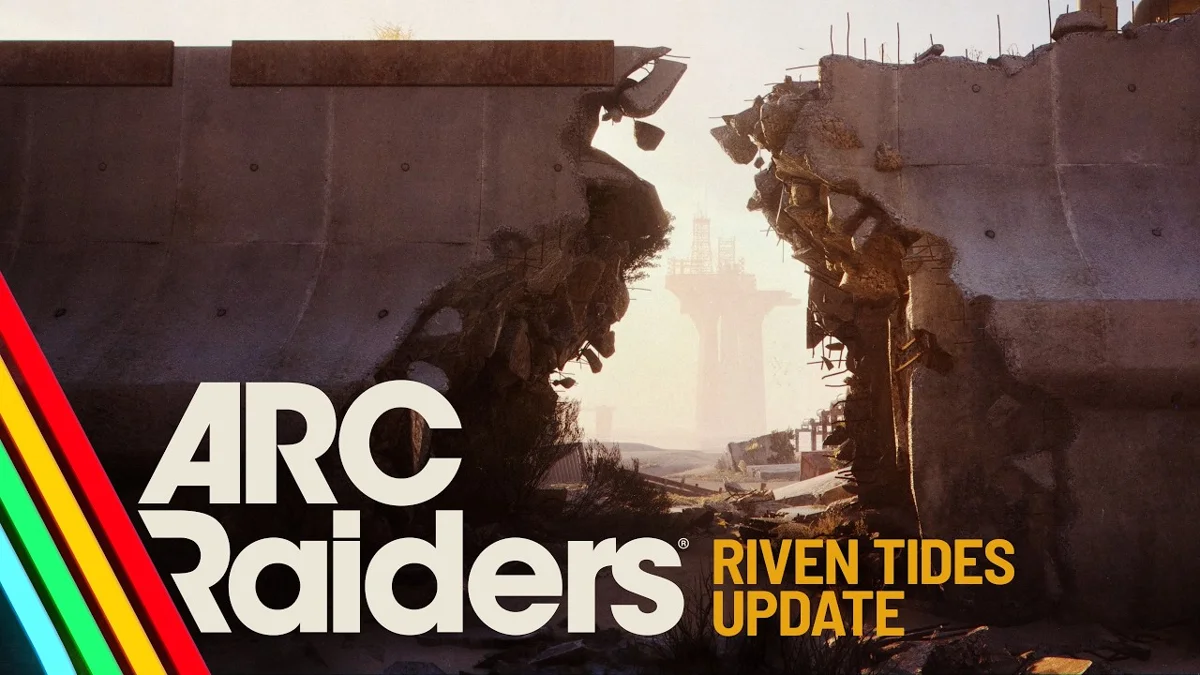 A broken concrete wall framing a distant offshore tower in hazy light, from Embark's Riven Tides update video