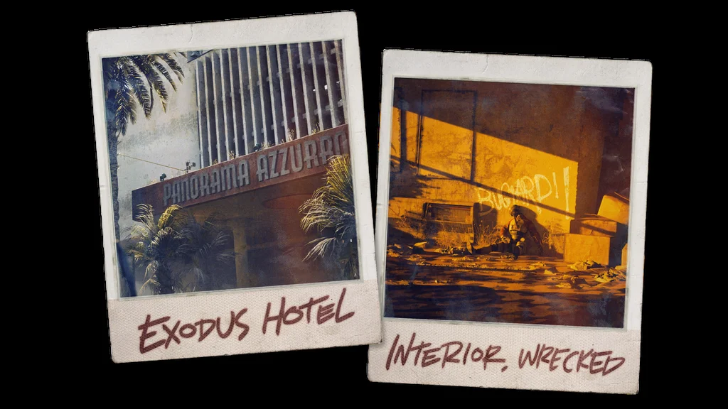 Official ARC Raiders scout report polaroids showing Riven Tides zone landmarks — Exodus Hotel exterior facade and flooded interior wreckage
