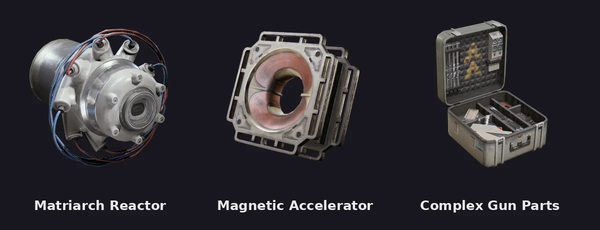 Wiki item renders of the Matriarch Reactor, a Magnetic Accelerator and Complex Gun Parts side by side