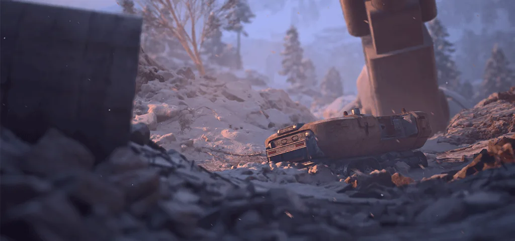 A crashed car and a crumpled probe beside a giant metal leg on a snowy, rubble-strewn slope at dusk in ARC Raiders
