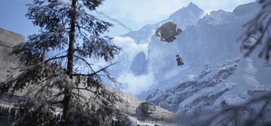 A small capsule hanging under a flying ARC machine above snowy cliffs, seen past a pine tree in ARC Raiders