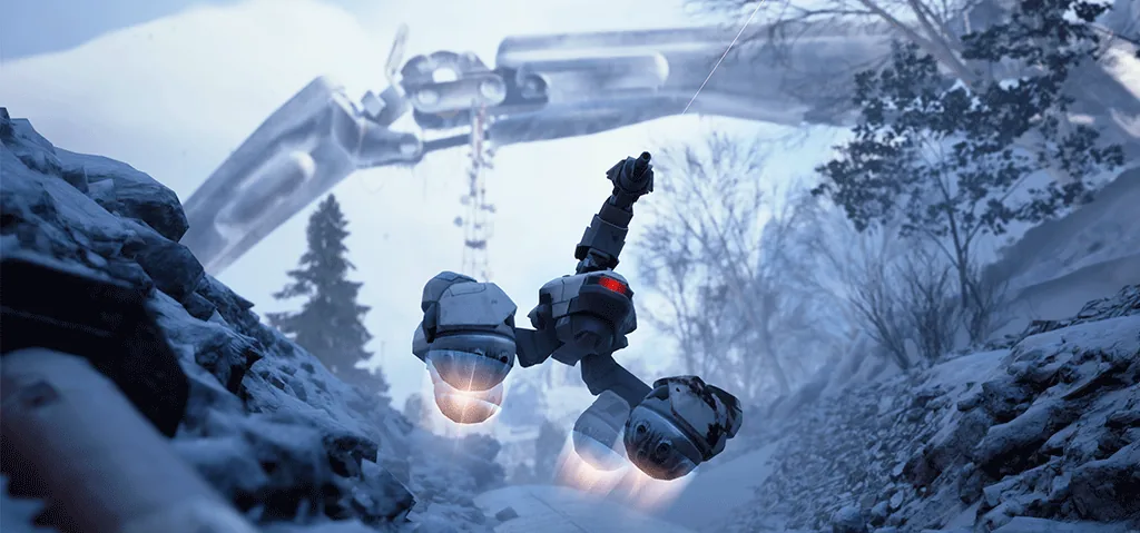 A cluster of grey ARC drone pods with glowing thrusters hanging below a mechanical arm on a frozen mountainside in ARC Raiders