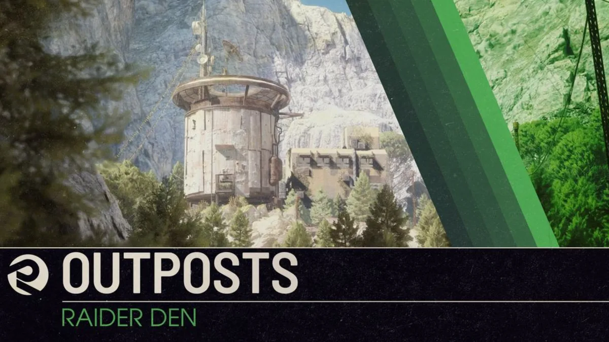Official ARC Raiders Outposts title card with the words Raider Den over a round tower and a low building on a cliff