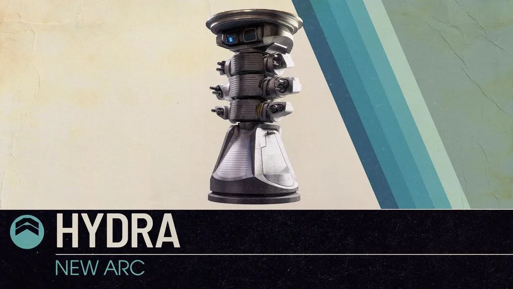 Official Hydra card showing a tall three-tier turret on a conical base over the words New ARC