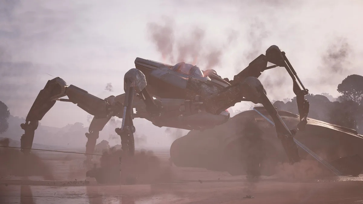 A damaged spider-legged ARC Queen standing over a crashed vehicle in red dust, with an opening glowing on top of its body