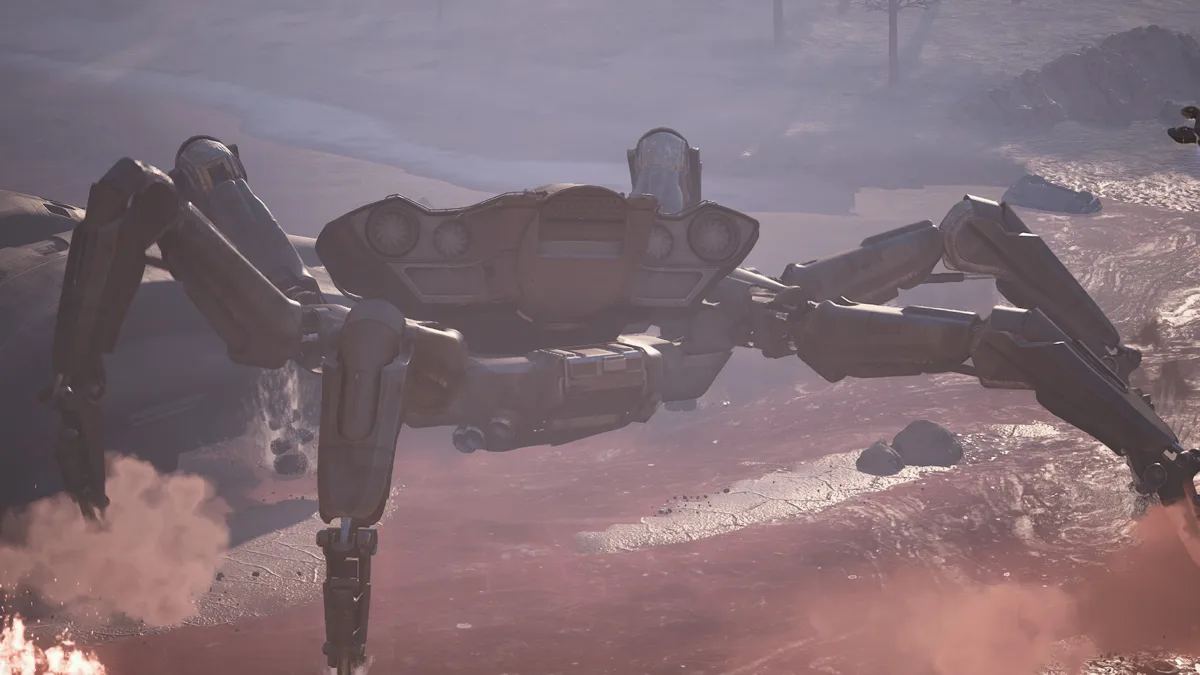 The Queen seen from behind, spider legs spread across red-lit sand with smoke rising near its feet