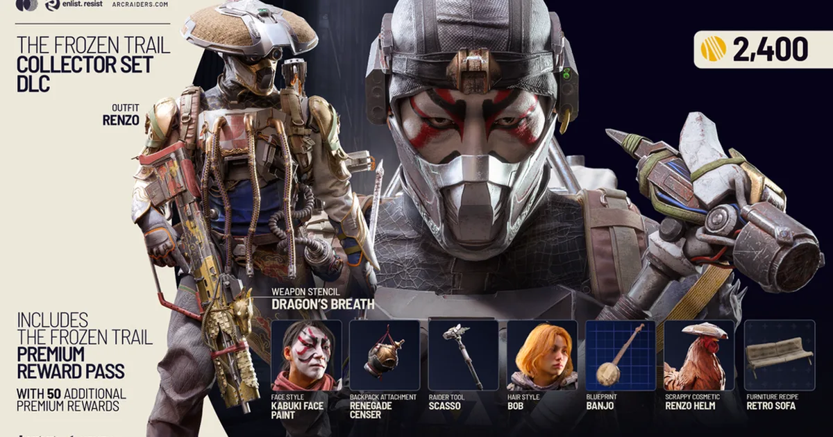 Frozen Trail Collector Set promo art with the Renzo outfit, a kabuki face paint close-up and seven bundle item icons along the bottom