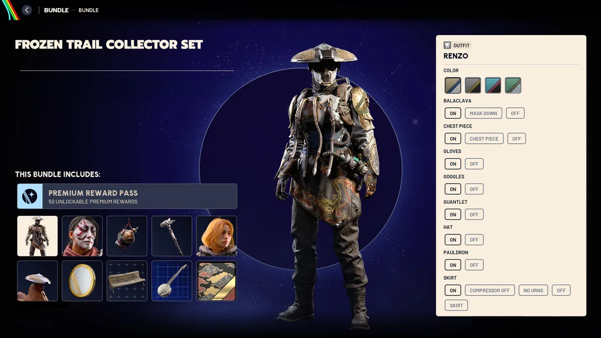 Renzo outfit preview on the Collector Set screen with a panel of toggles for balaclava, chest piece, gloves, goggles and skirt
