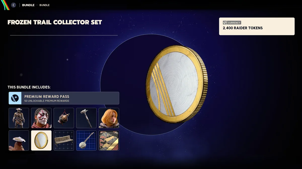 Gold Raider Token coin shown on the Collector Set screen with the 2,400 Raider Tokens label