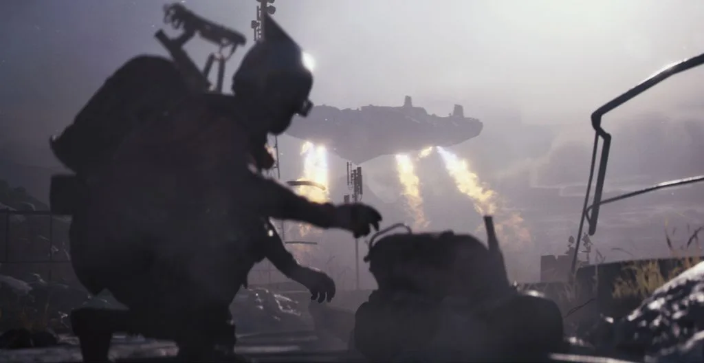 Large flying ship with three bright thrusters in grey fog above a silhouetted raider crouching beside a bag in the foreground