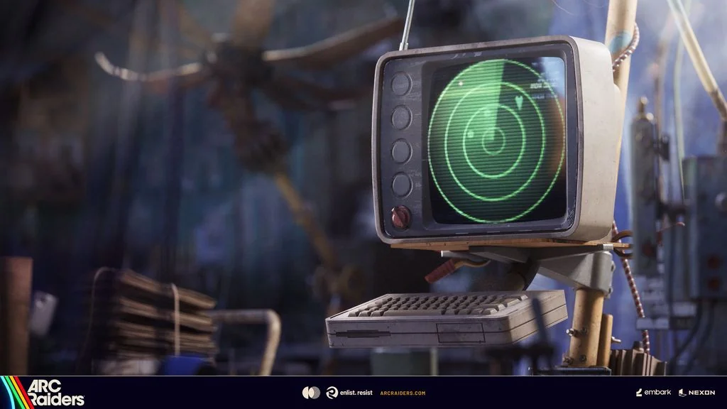 ARC Raiders satellite radar unit glowing green in a dark cluttered workshop, with a blurred ARC machine visible through a broken window behind it