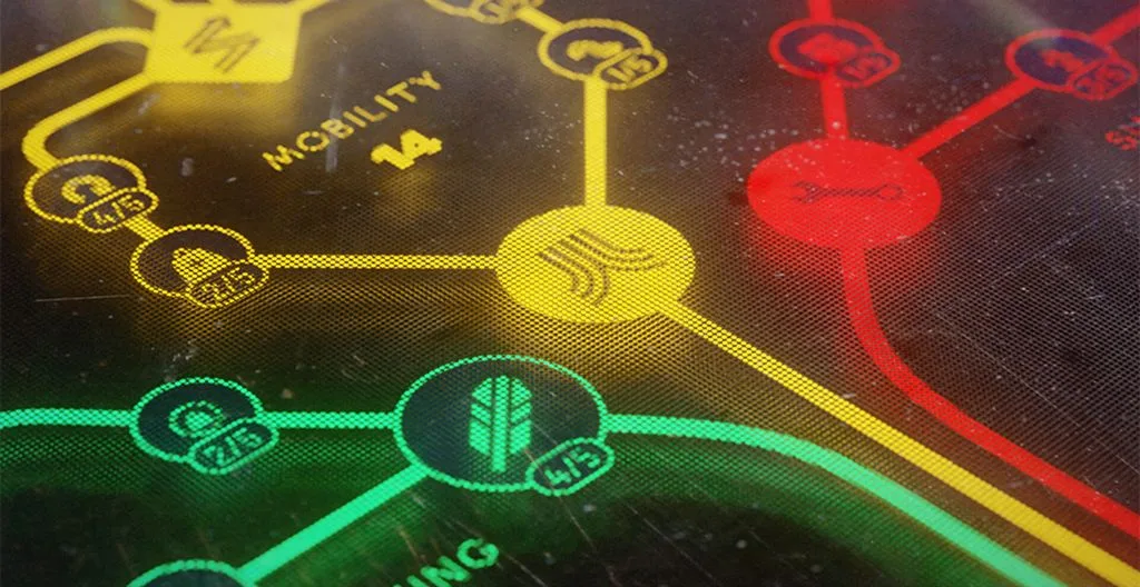 ARC Raiders skill tree screen with glowing yellow Mobility, green and red branches and skill nodes marked with fractions such as 4/5 and 2/5