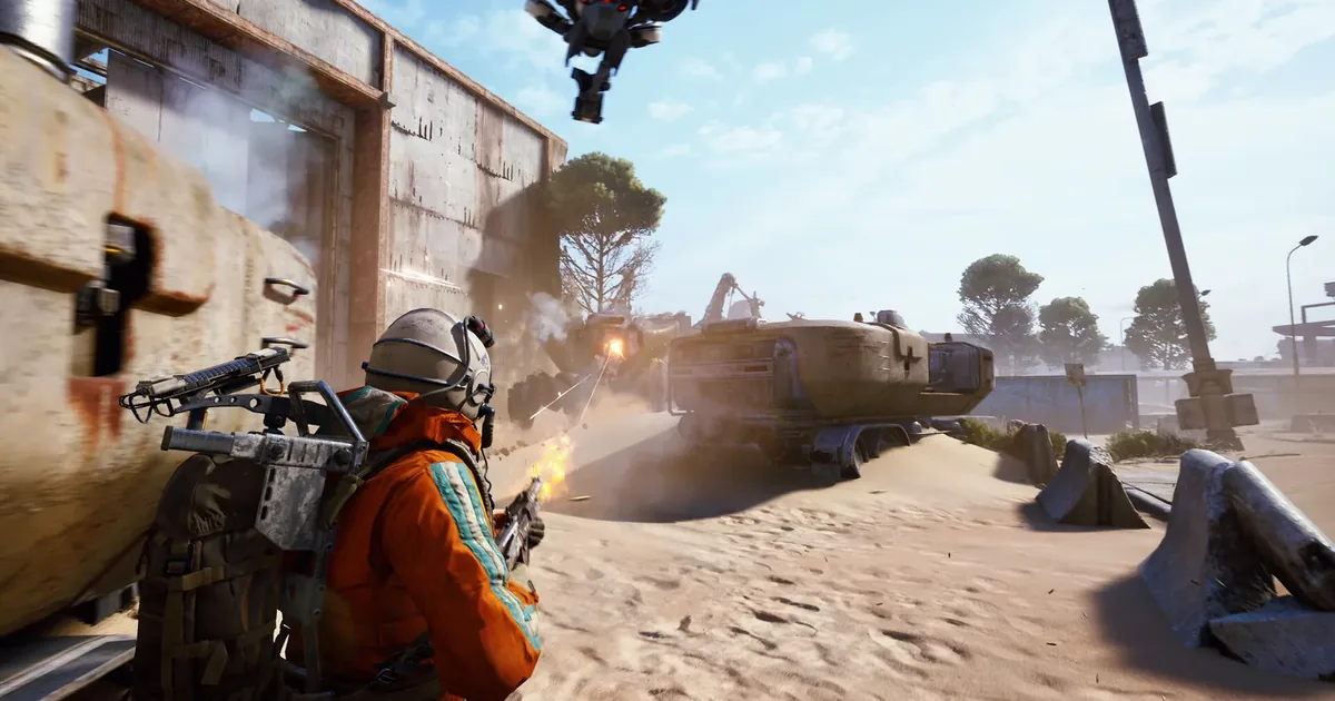 ARC Raiders raider in orange suit firing on an ARC combat unit across sun-bleached desert terrain near the Acerra Spaceport launch infrastructure