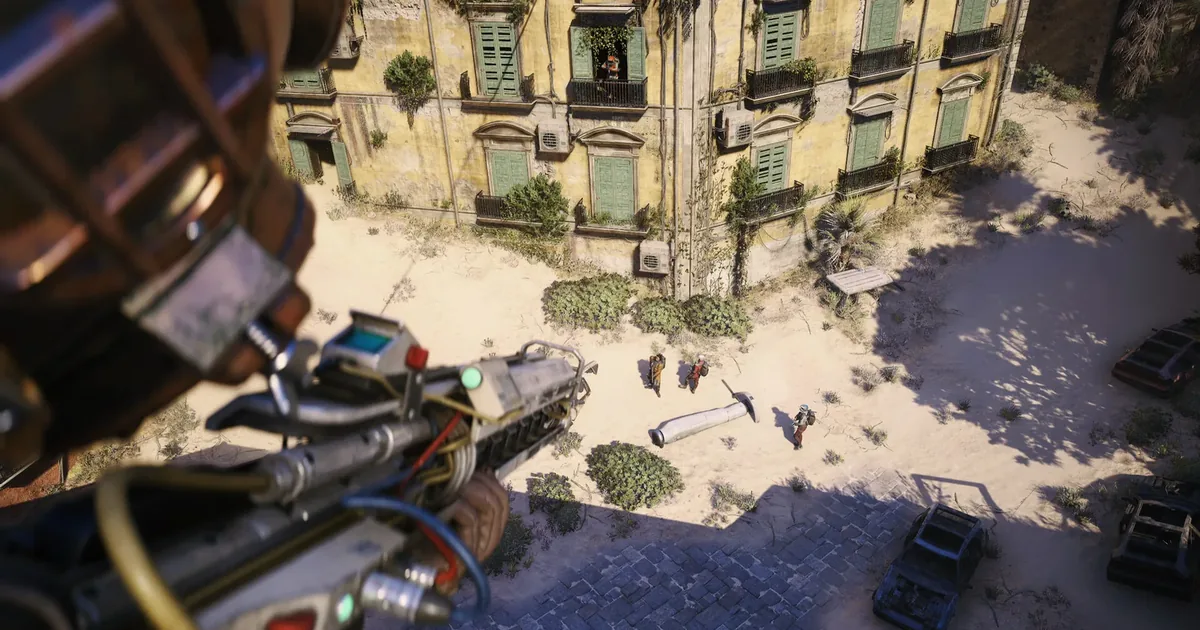 ARC Raiders first-person view of a modified rifle looking down from a rooftop onto a sunlit courtyard with distant raiders and a rocket half-buried in sand