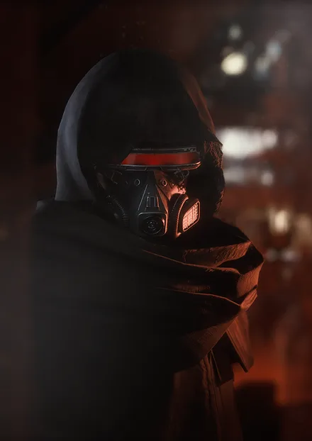 Portrait of the ARC Raiders trader Ermal, a hooded figure in a dark gas mask with a red visor