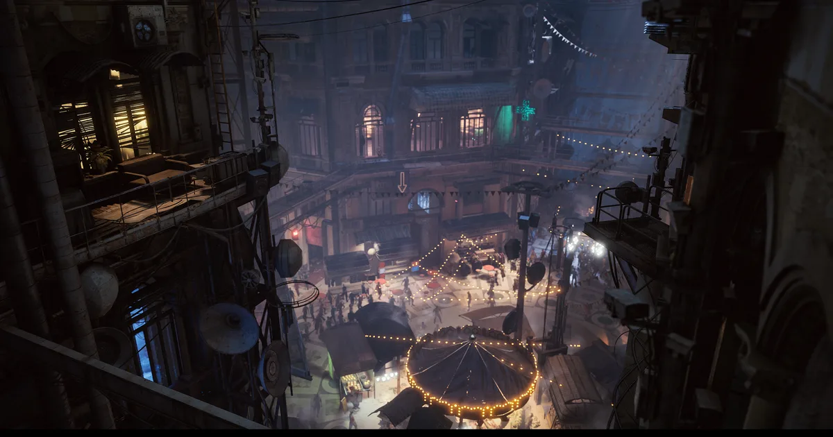 Night view of the Speranza lobby plaza in ARC Raiders, a market square strung with lights and a lit carousel canopy seen from a high balcony